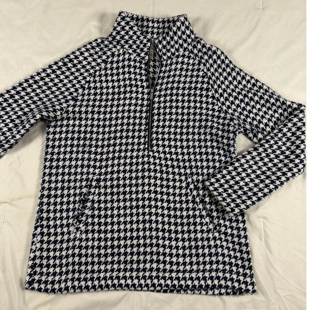 Lulu-B Navy Blue White Houndstooth Quarter Zip Pullover Mock Neck Top‎ Womens XS
